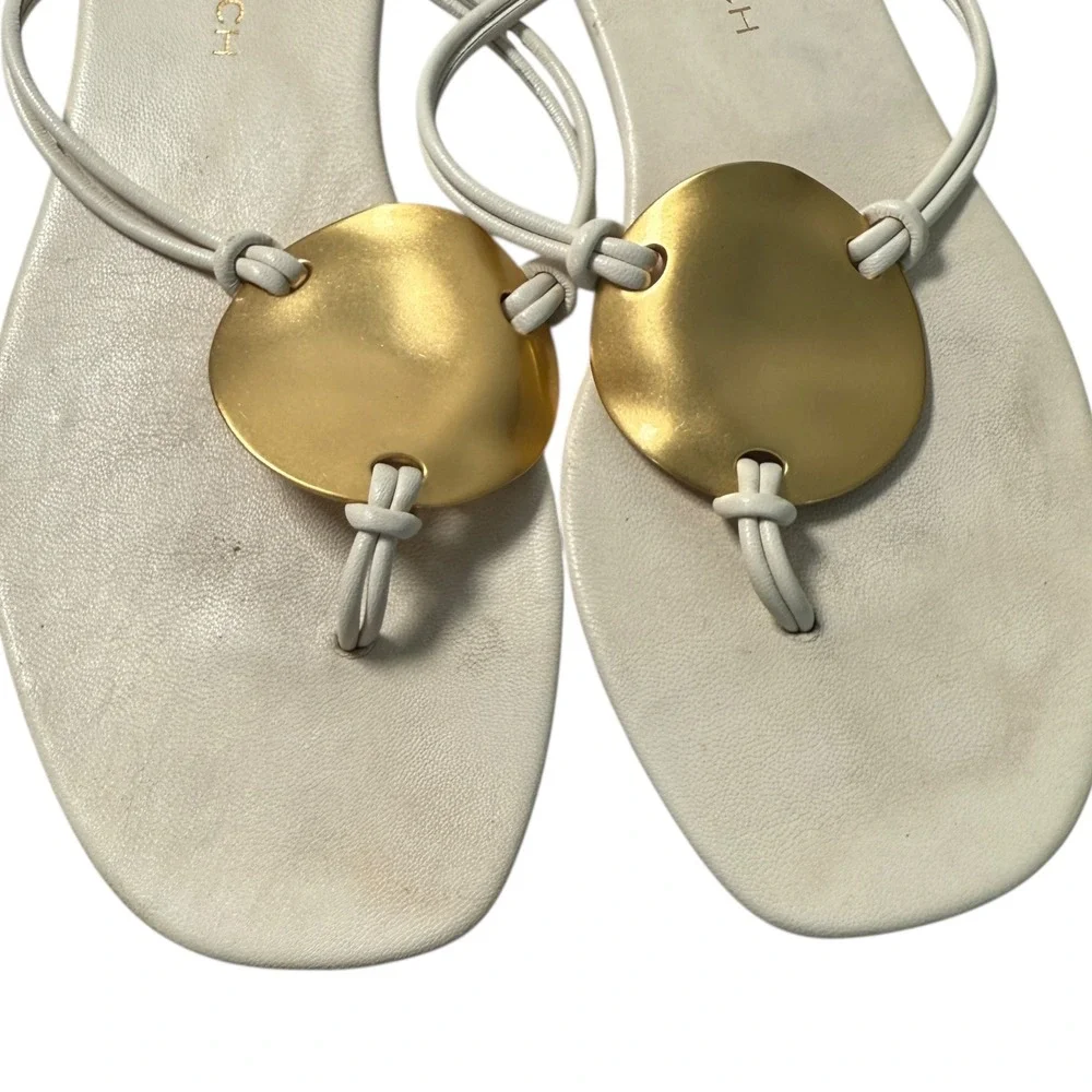 Tory Burch Patos Disk Leather Sandal Ivory Leather Gold Logo White Thong Size 8M